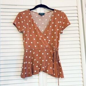 ModCloth Pink and White Polkadot Faux Wrap Top Blouse Shirt Size XXS